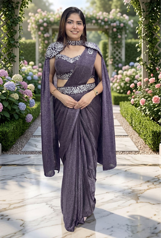 Imported Shimmer Lycra Drape Saree with Embellished Blouse Cape Belt