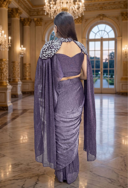 Imported Shimmer Lycra Drape Saree with Embellished Blouse Cape Belt