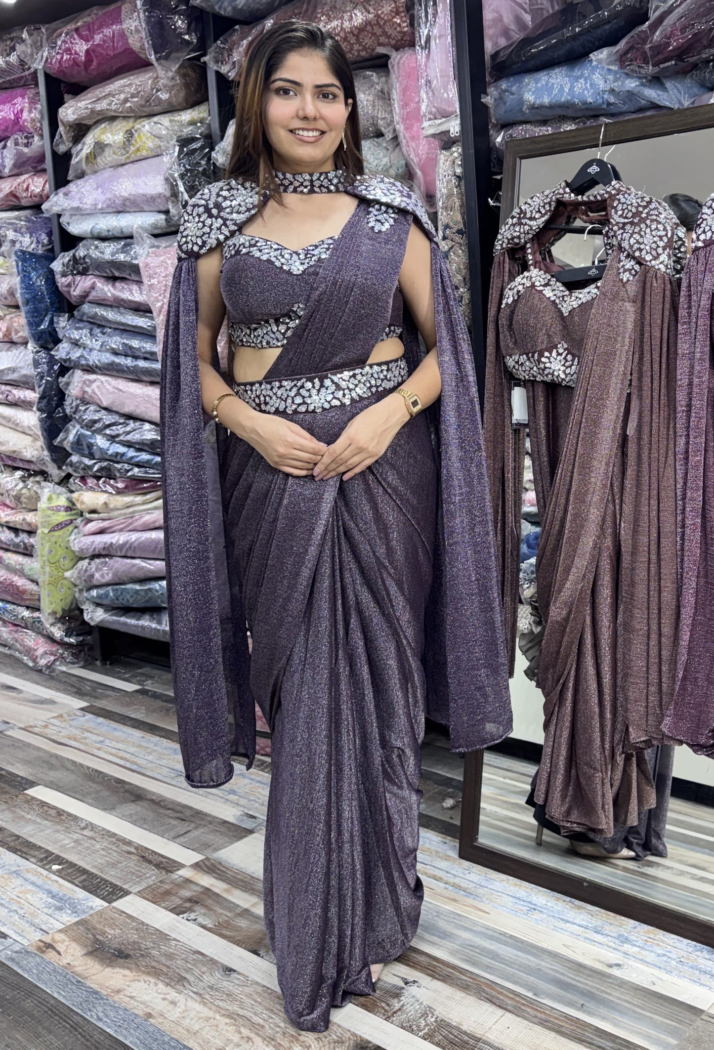 Imported Shimmer Lycra Drape Saree with Embellished Blouse Cape Belt
