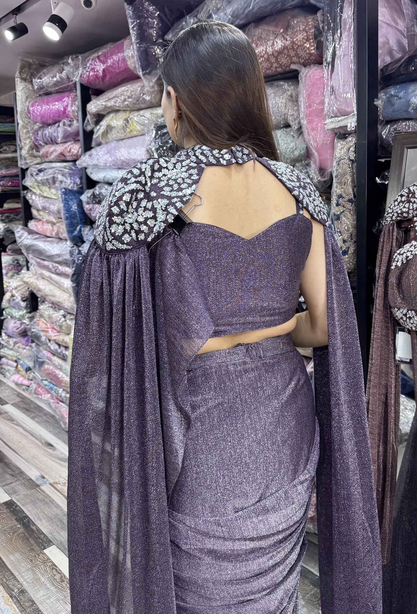 Imported Shimmer Lycra Drape Saree with Embellished Blouse Cape Belt