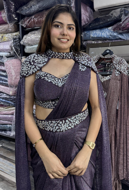 Imported Shimmer Lycra Drape Saree with Embellished Blouse Cape Belt