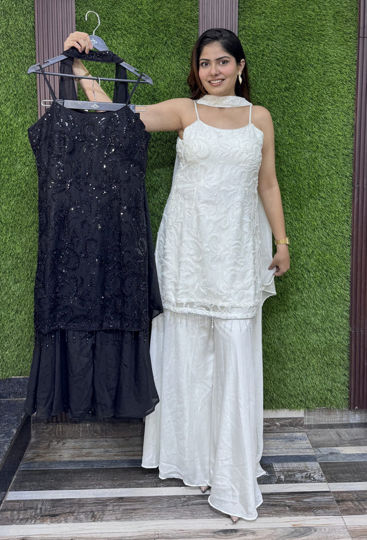 Chinnon Silk Short Shirt Beadwork Plazo Set with Choker Dupatta
