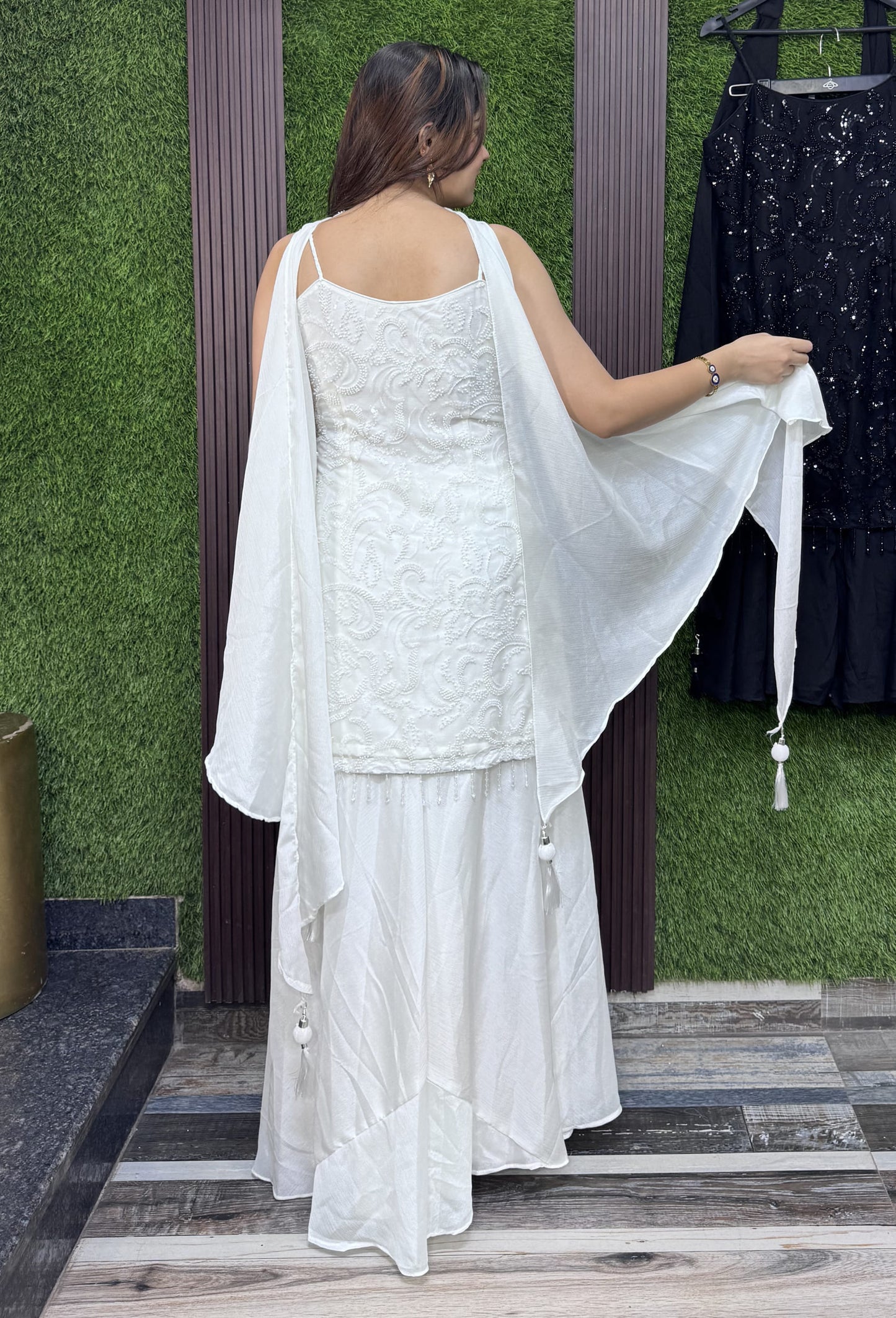 Chinnon Silk Short Shirt Beadwork Plazo Set with Choker Dupatta