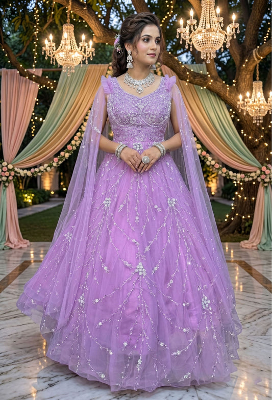 Beautiful Corset Yoke Engagement Gown With Embroidered Sleeves