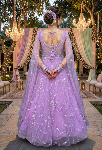 Beautiful Corset Yoke Engagement Gown With Embroidered Sleeves