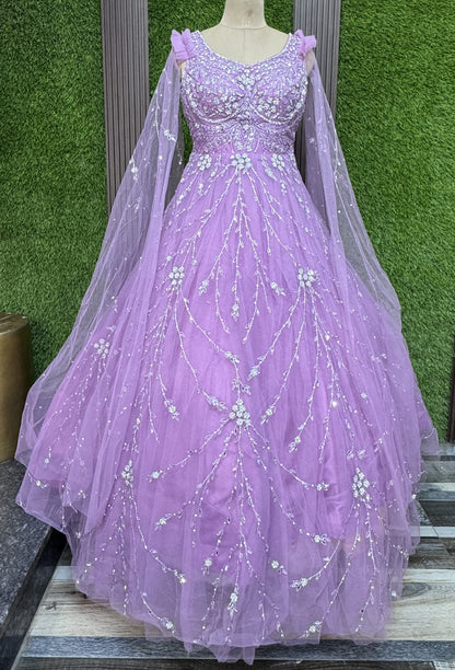 Beautiful Corset Yoke Engagement Gown With Embroidered Sleeves