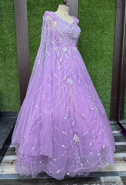 Beautiful Corset Yoke Engagement Gown With Embroidered Sleeves