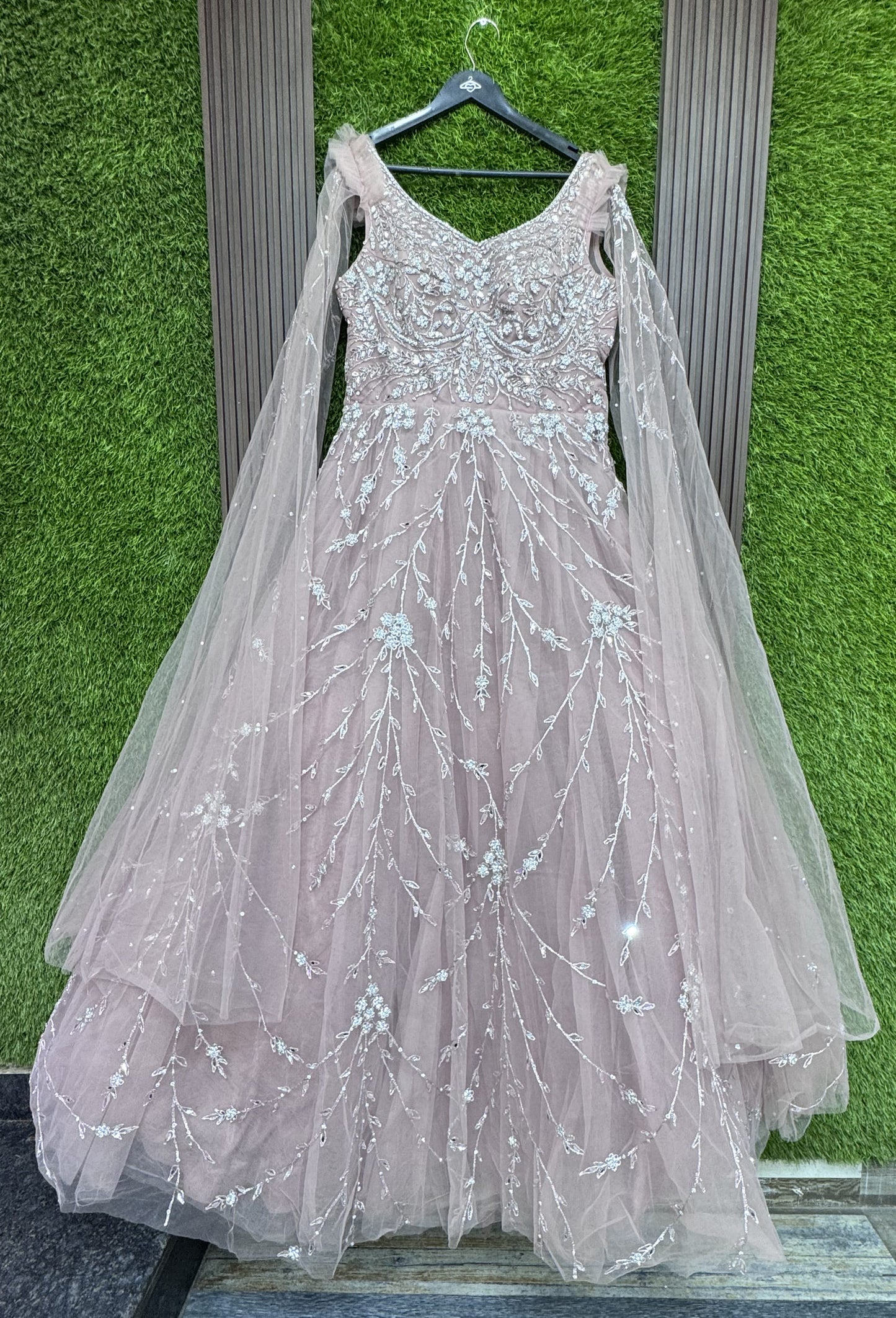 Beautiful Corset Yoke Engagement Gown With Embroidered Sleeves