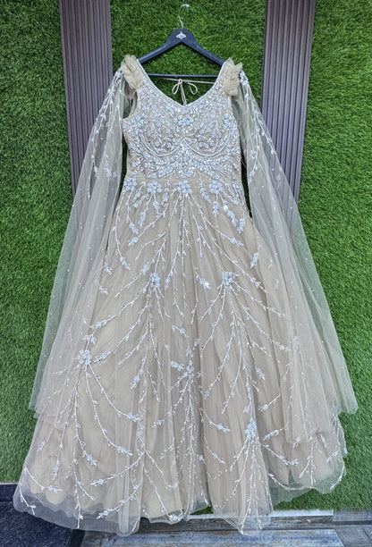 Beautiful Corset Yoke Engagement Gown With Embroidered Sleeves