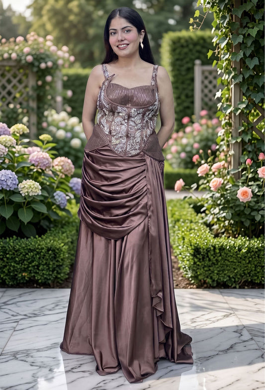 Designer Indo Western Peplum Top with Satin Drape Skirt Set