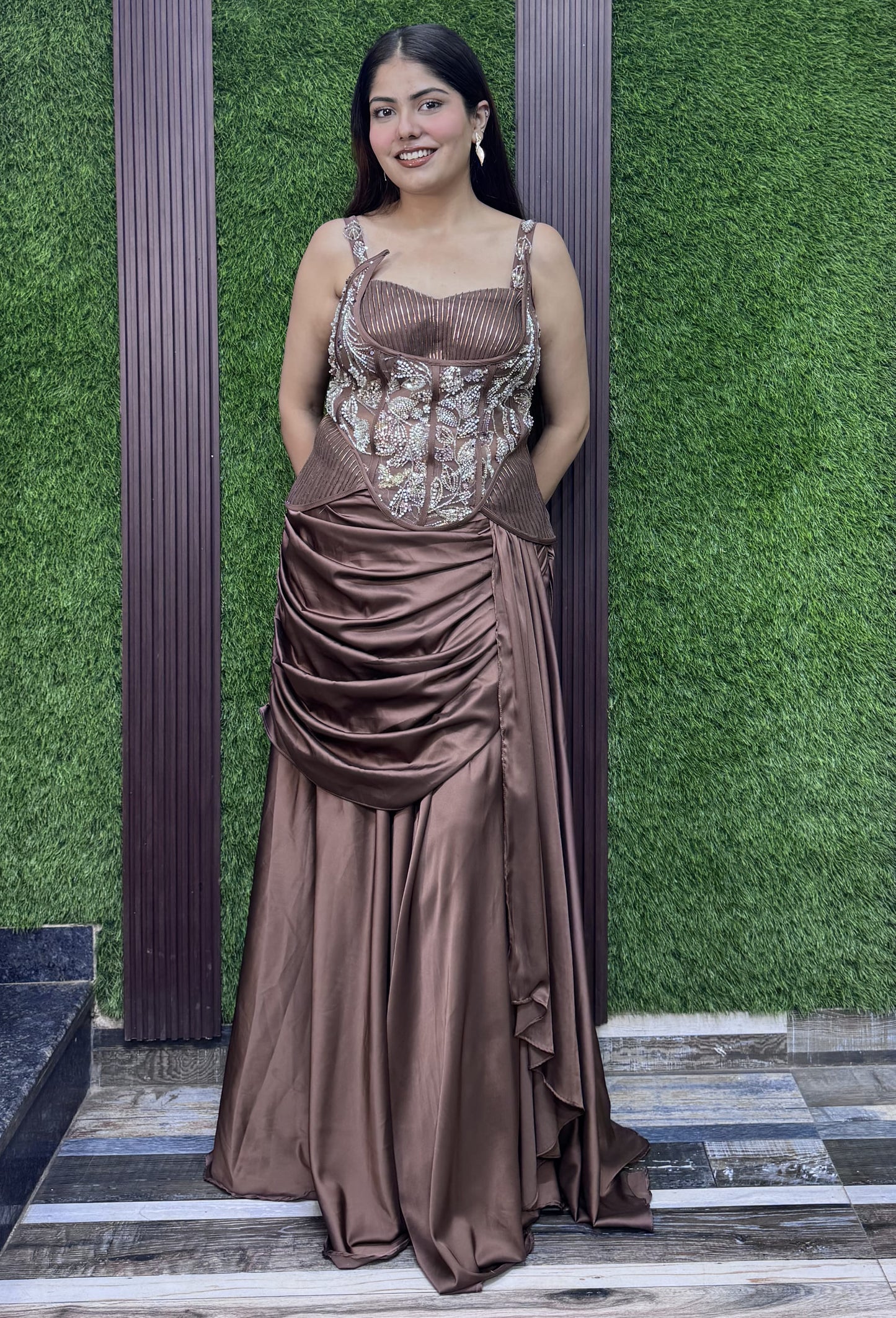 Designer Indo Western Peplum Top with Satin Drape Skirt Set