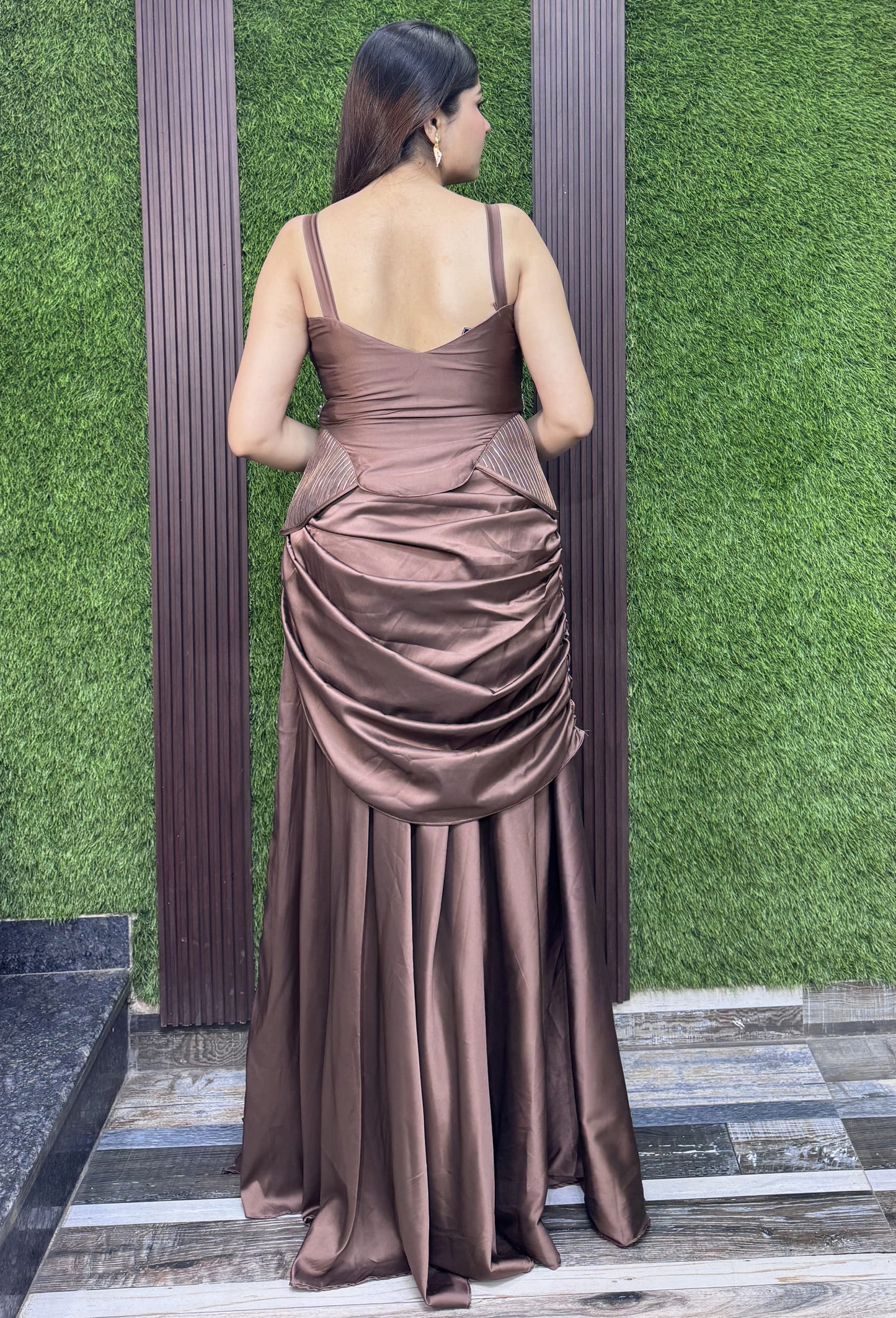 Designer Indo Western Peplum Top with Satin Drape Skirt Set