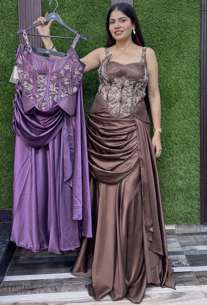 Designer Indo Western Peplum Top with Satin Drape Skirt Set