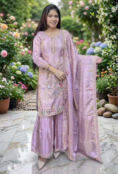Chinnon Silk Partywear Plazo Set Suit with Peacock Bead Embroidery Dupatta