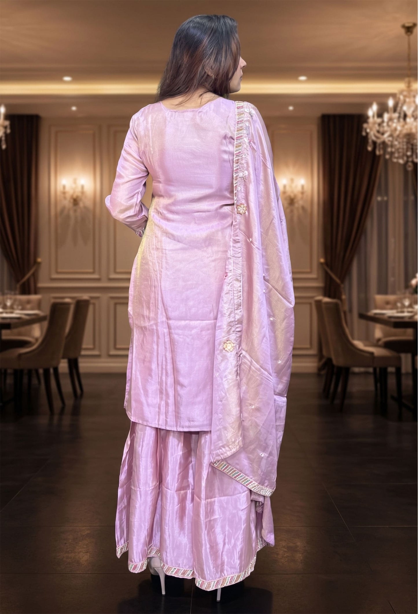 Chinnon Silk Partywear Plazo Set Suit with Peacock Bead Embroidery Dupatta