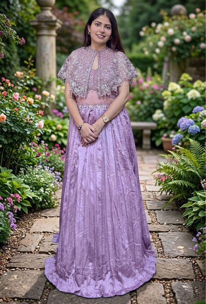 Designer Indo Western Cocktail Dress with Handwork Cape in Mauve