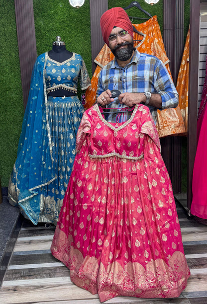 Pure Banarasi Lehenga Set with Half Sleeve Blouse & Net Dupatta