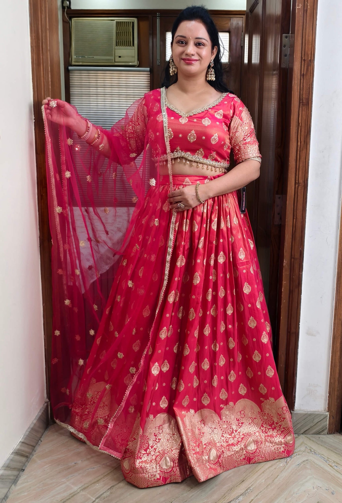 Pure Banarasi Lehenga Set with Half Sleeve Blouse & Net Dupatta