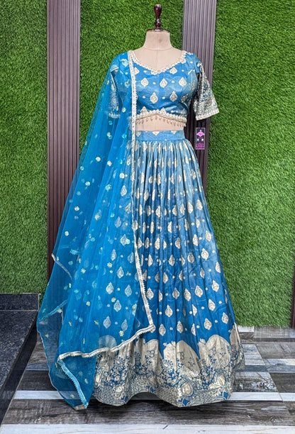 Pure Banarasi Lehenga Set with Half Sleeve Blouse & Net Dupatta
