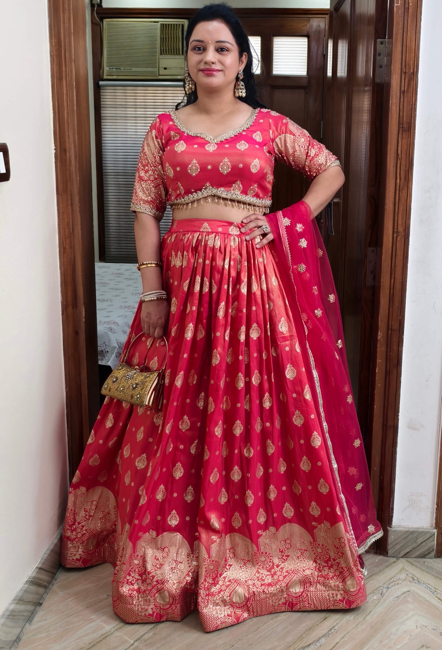 Pure Banarasi Lehenga Set with Half Sleeve Blouse & Net Dupatta