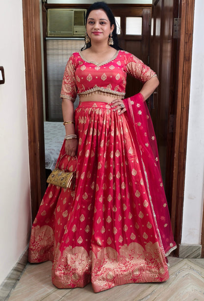 Pure Banarasi Lehenga Set with Half Sleeve Blouse & Net Dupatta