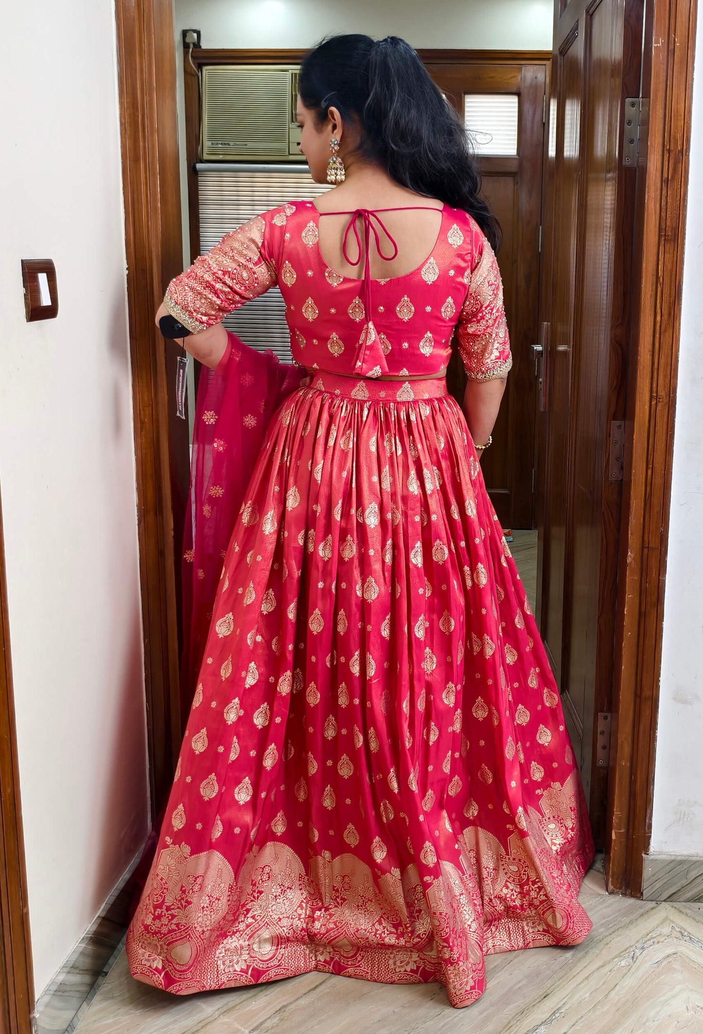 Pure Banarasi Lehenga Set with Half Sleeve Blouse & Net Dupatta