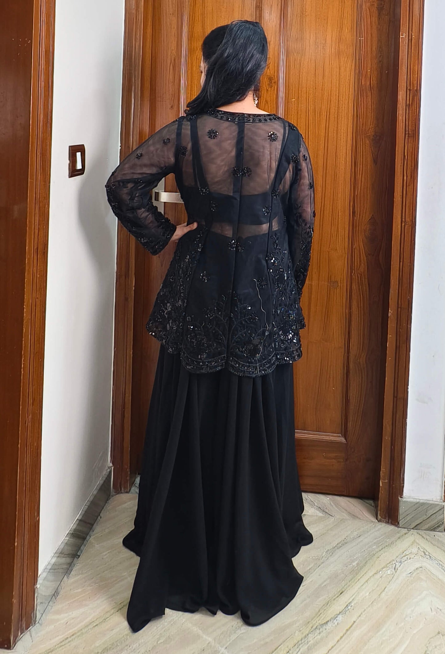 Partywear Embellished Tail Cut Top Cord Set with Palazzo & Bustier