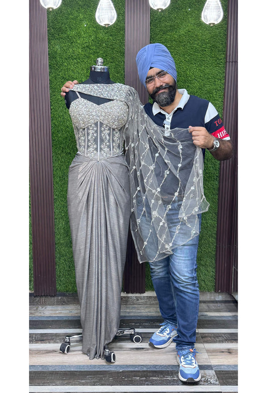 Spaghetti Indo-Western Style Corset Dress with Tulip Skirt & Embellished Cape