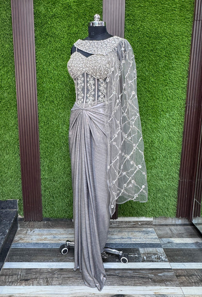 Spaghetti Indo-Western Style Corset Dress with Tulip Skirt & Embellished Cape