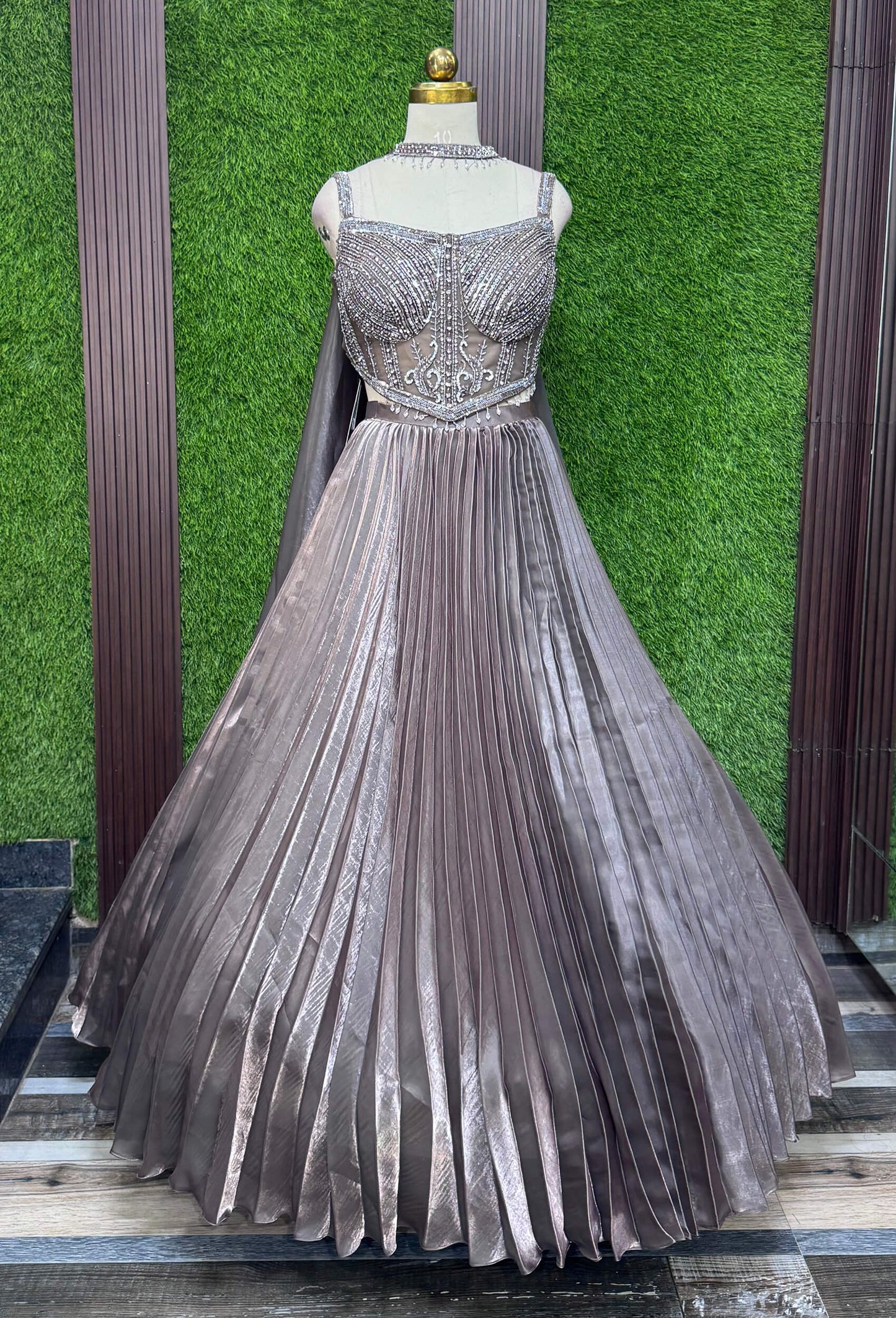 Corset Style Hand Embellished Blouse with Pleated Lehenga & Choker Neckline Dupatta
