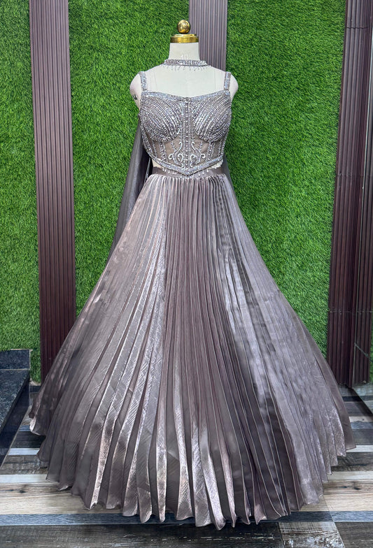 Corset Style Hand Embellished Blouse with Pleated Lehenga & Choker Neckline Dupatta