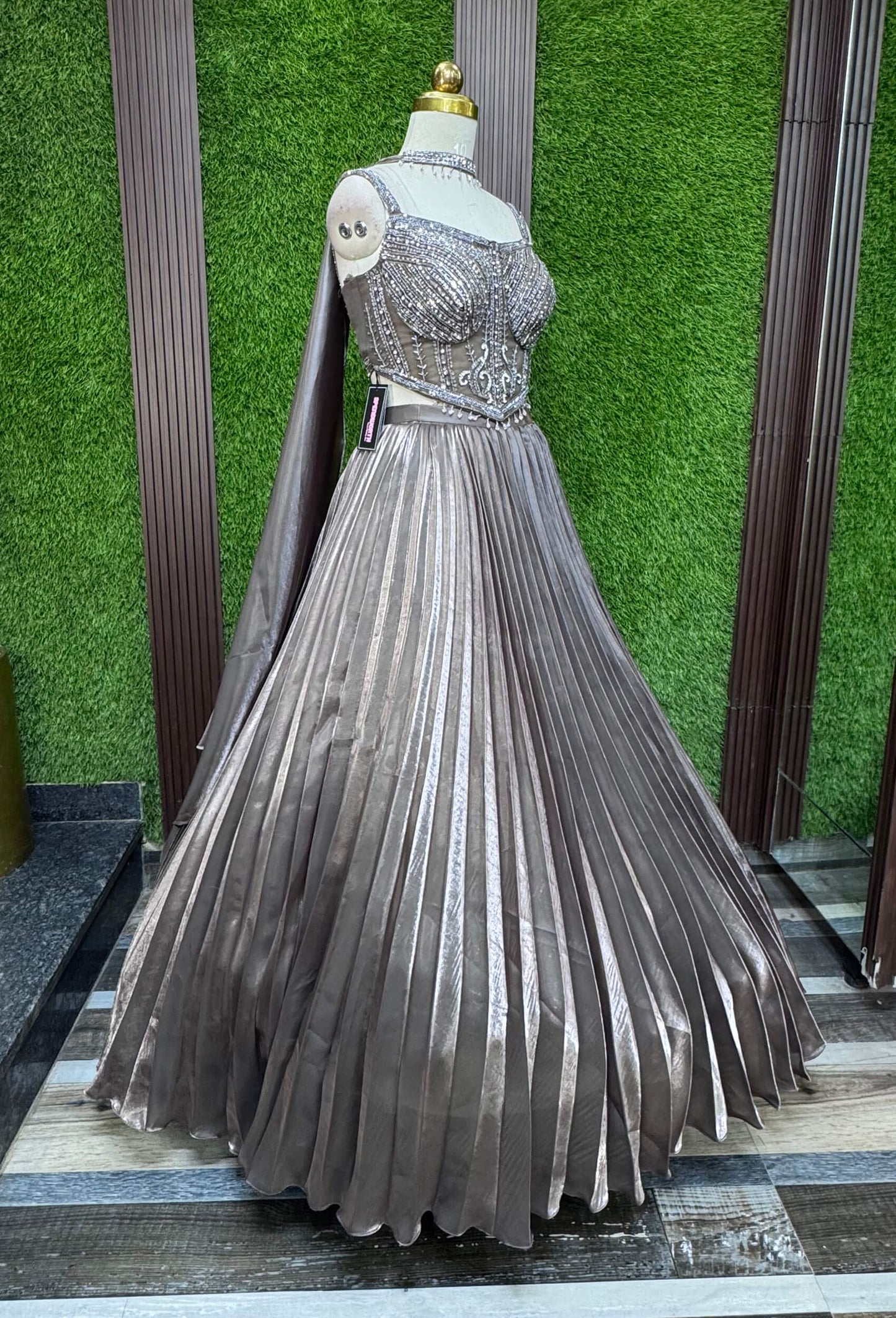 Corset Style Hand Embellished Blouse with Pleated Lehenga & Choker Neckline Dupatta
