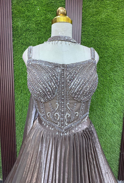 Corset Style Hand Embellished Blouse with Pleated Lehenga & Choker Neckline Dupatta