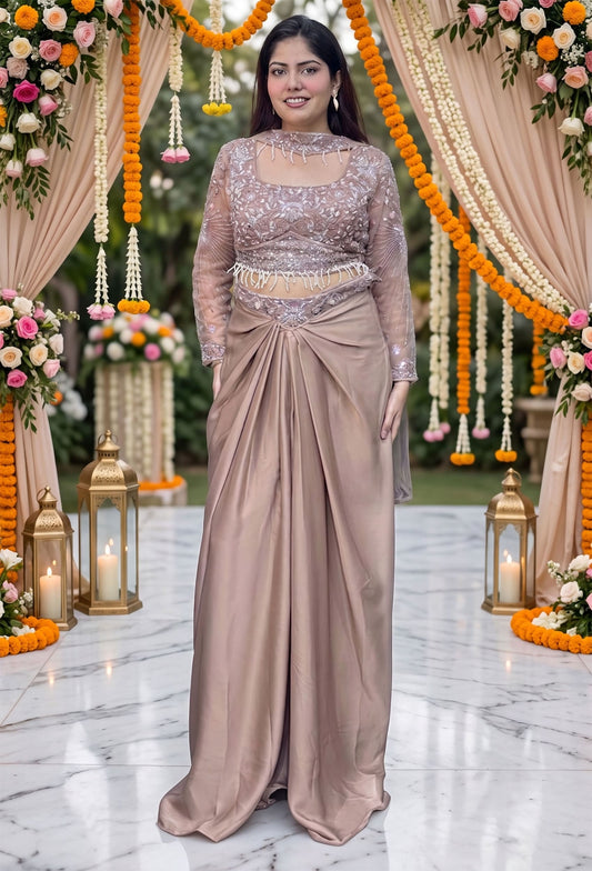 Designer Full Sleeve Crop Top with Satin Tulip Skirt & Choker Dupatta