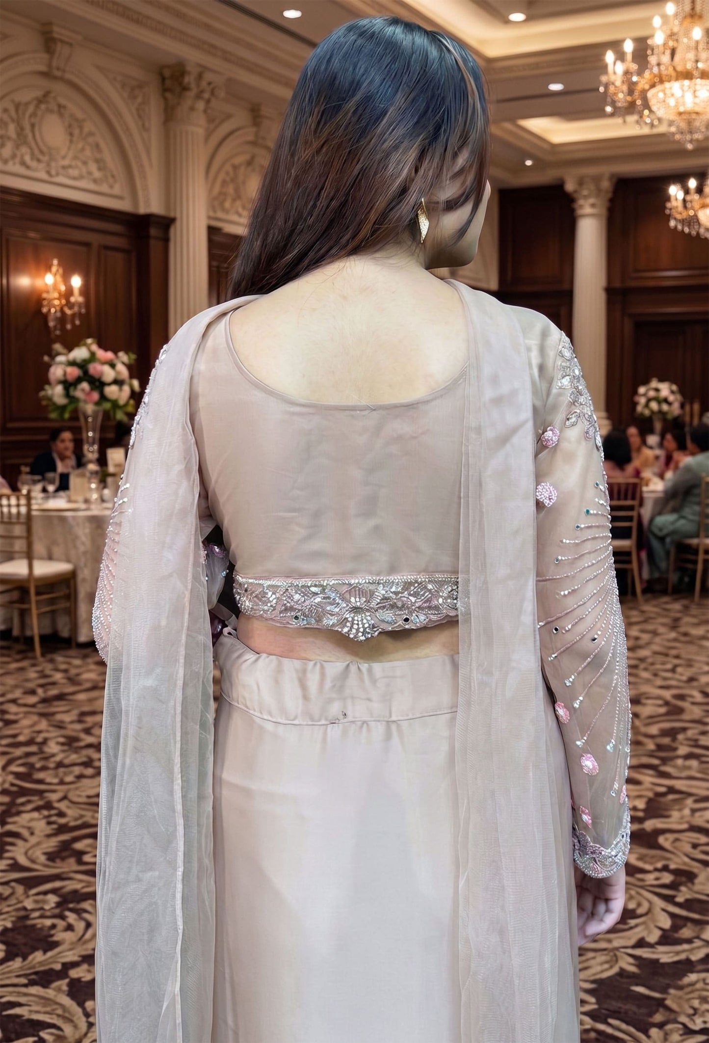 Designer Full Sleeve Crop Top with Satin Tulip Skirt & Choker Dupatta