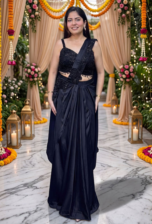 Drape Style Hand Embellished Cocktail Dress with Backless Spaghetti Blouse