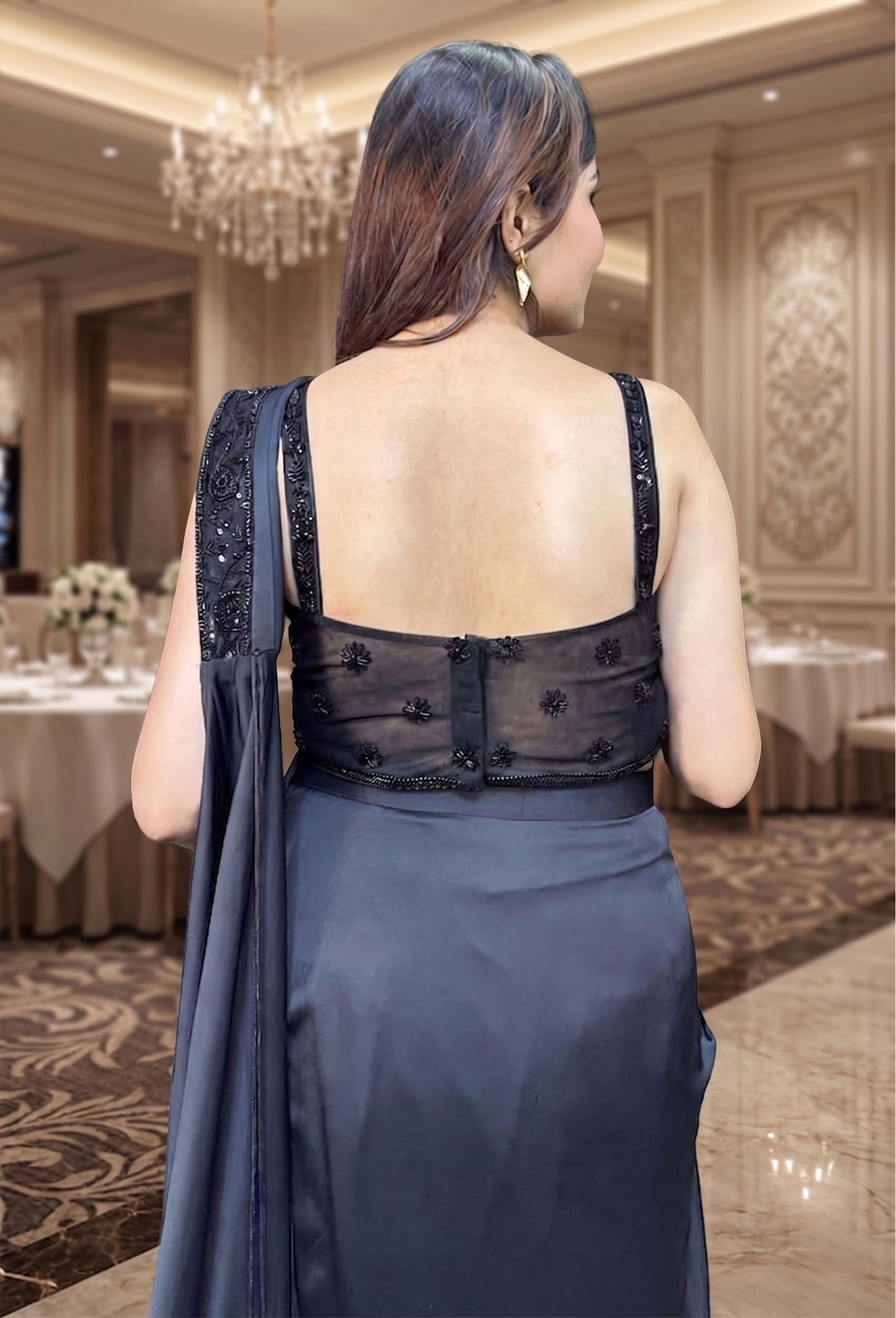 Drape Style Hand Embellished Cocktail Dress with Backless Spaghetti Blouse