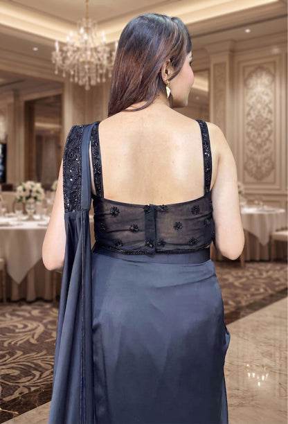 Drape Style Hand Embellished Cocktail Dress with Backless Spaghetti Blouse