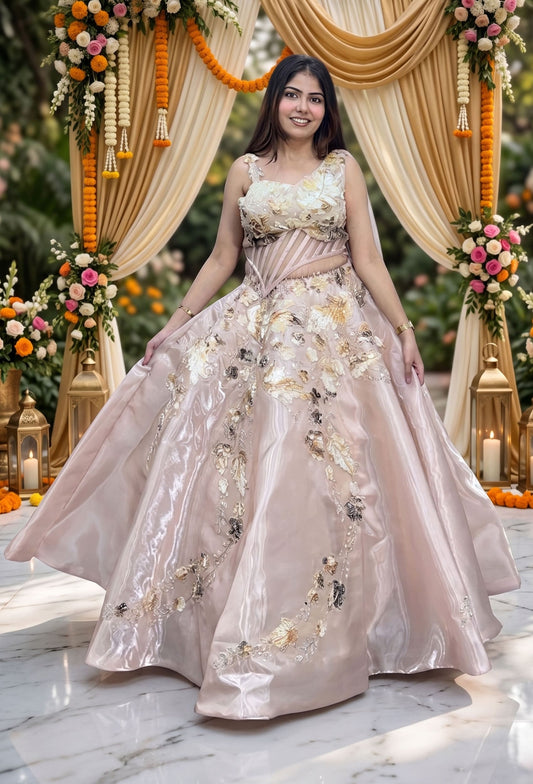Barbie Style Golden Crop Top Skirt with Floral Appliqué Embroidery