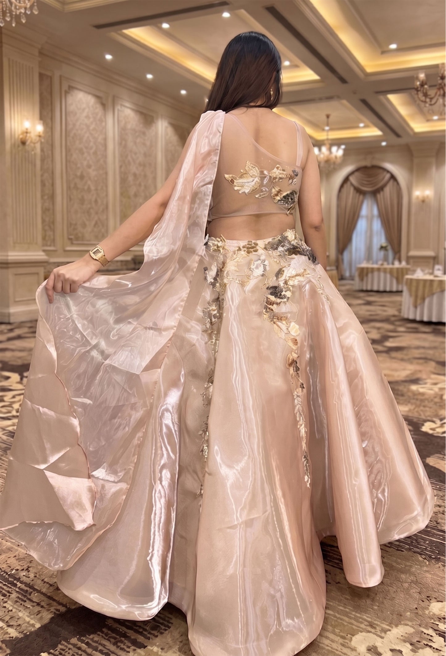 Barbie Style Golden Crop Top Skirt with Floral Appliqué Embroidery