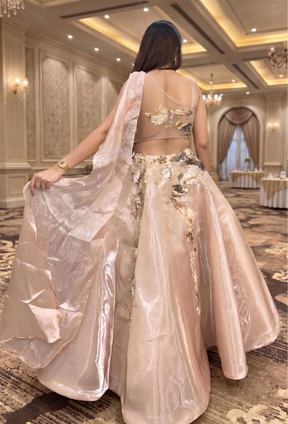 Barbie Style Golden Crop Top Skirt with Floral Appliqué Embroidery