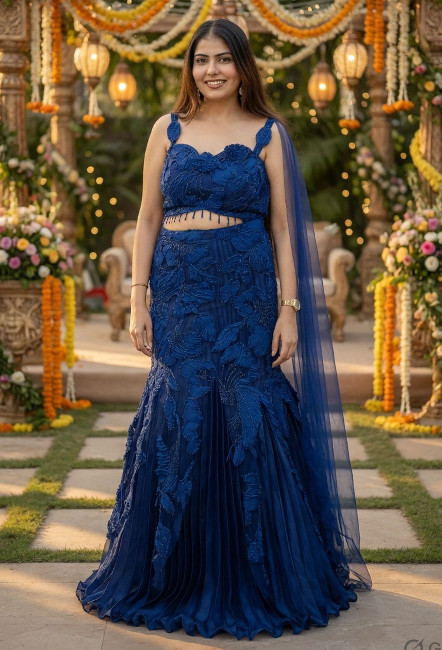 Spaghetti Style Embroidered Fish Cut Lehenga with Pleated Organza Silk Skirt
