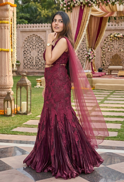 Spaghetti Style Embroidered Fish Cut Lehenga with Pleated Organza Silk Skirt