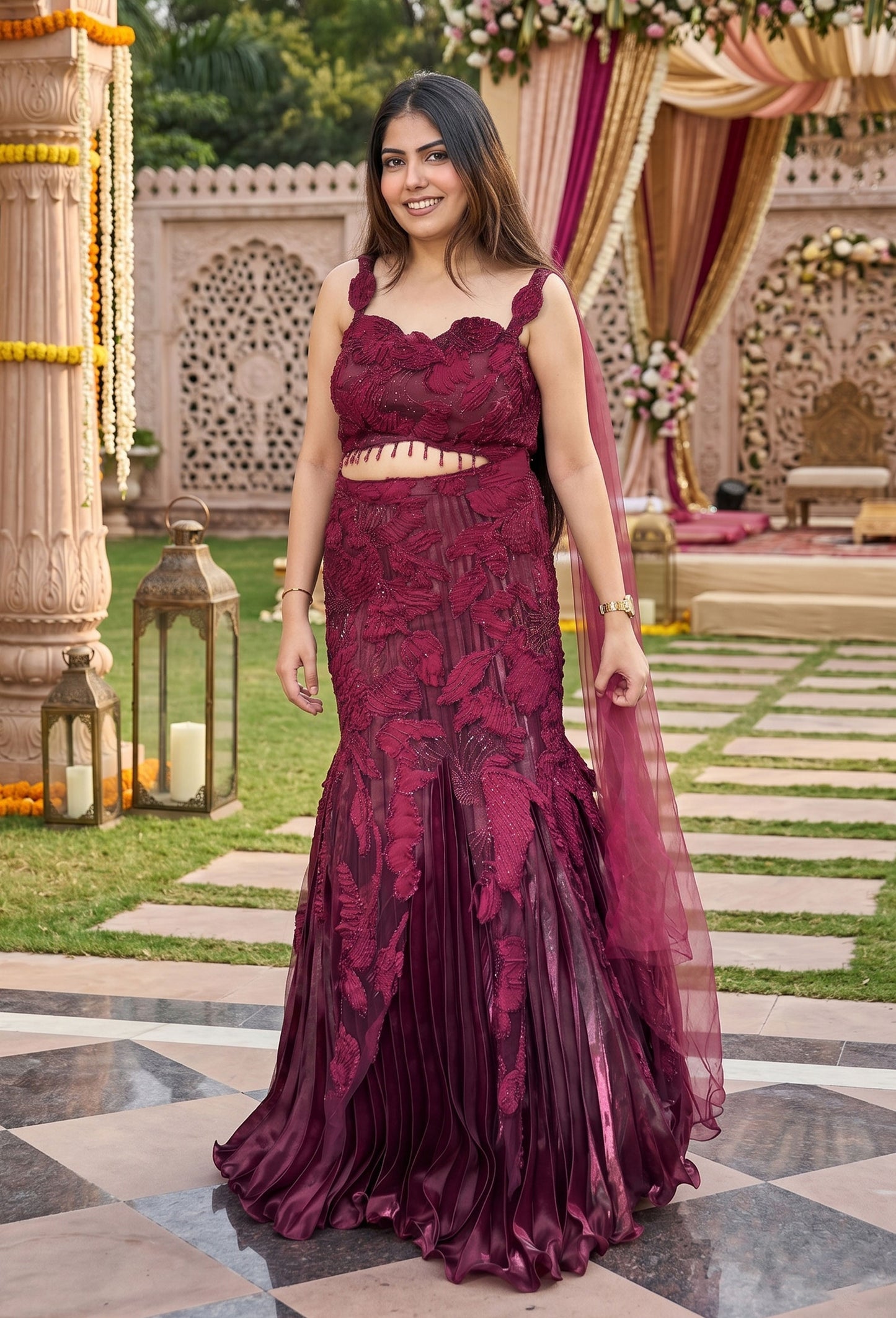 Spaghetti Style Embroidered Fish Cut Lehenga with Pleated Organza Silk Skirt