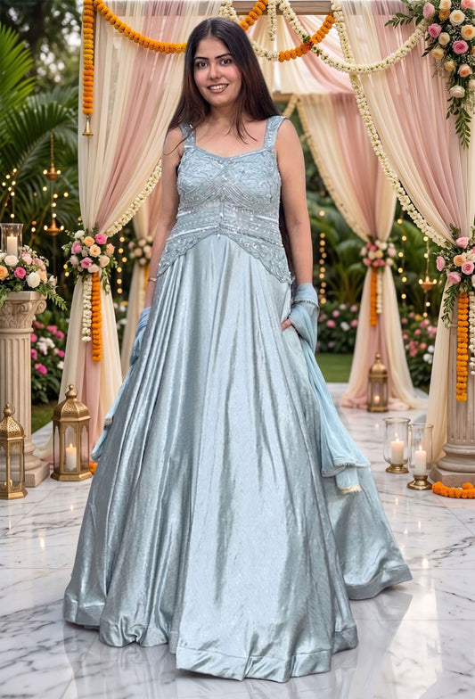 Spaghetti Style Hand Embellished Peplum Yoke Designer Gown