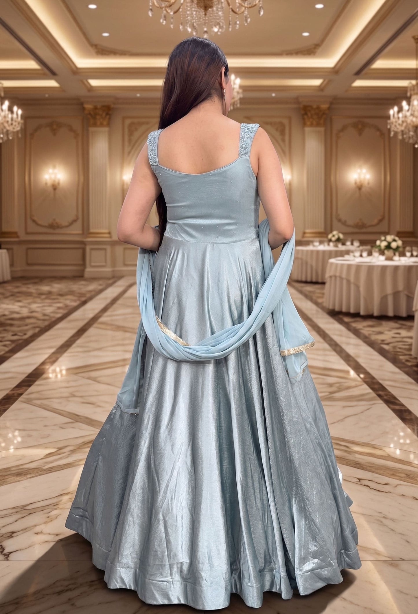 Spaghetti Style Hand Embellished Peplum Yoke Designer Gown