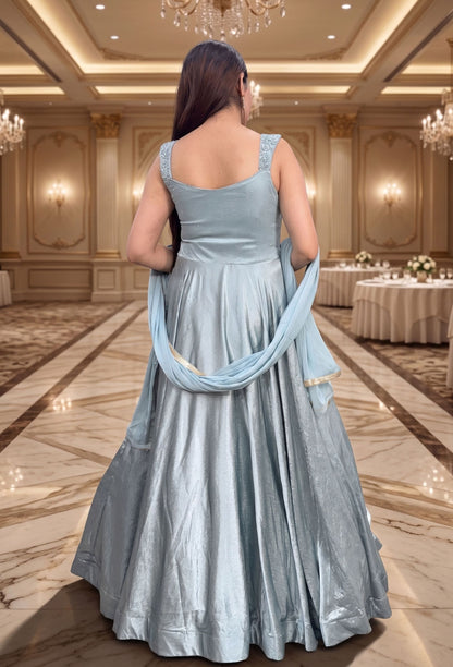 Spaghetti Style Hand Embellished Peplum Yoke Designer Gown