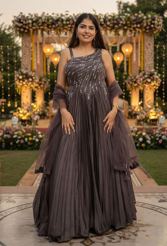 One Shoulder Hand Embellished Pleated Gown with Dupatta