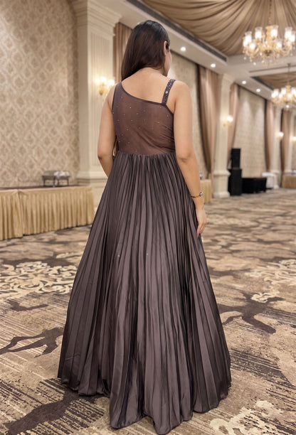 One Shoulder Hand Embellished Pleated Gown with Dupatta