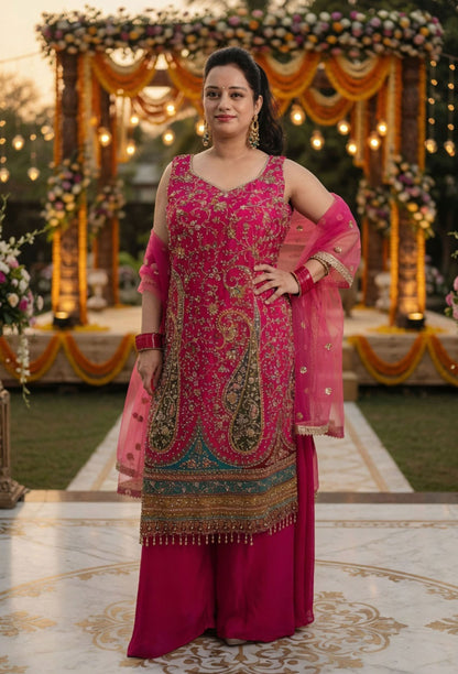Elegant Embroidered Long Shirt Karachi Suit with Net Dupatta